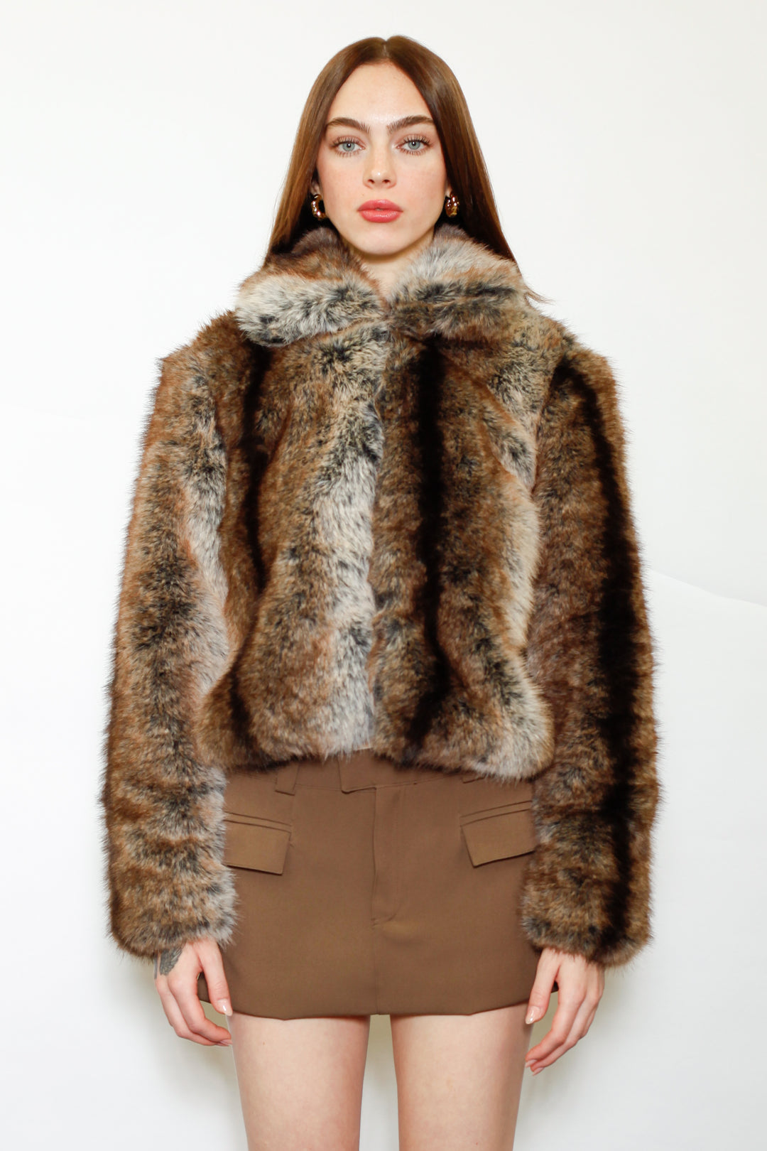 Wool-Blend Dark Brown Faux Fur Jacket