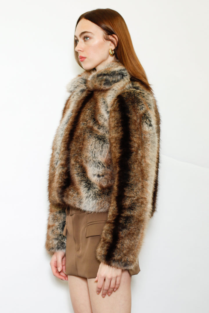 Wool-Blend Dark Brown Faux Fur Jacket