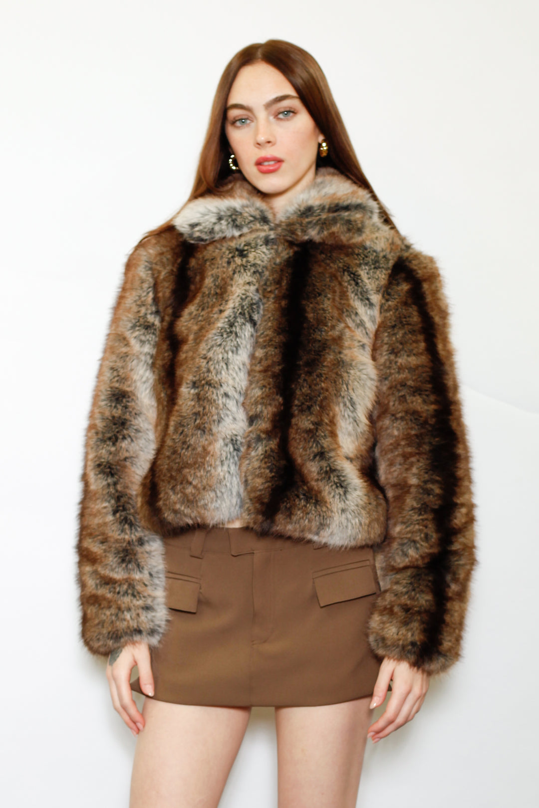 Wool-Blend Dark Brown Faux Fur Jacket