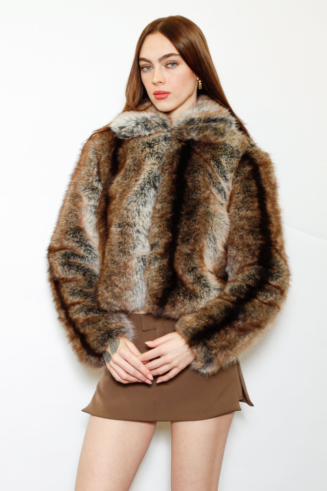 Wool-Blend Dark Brown Faux Fur Jacket