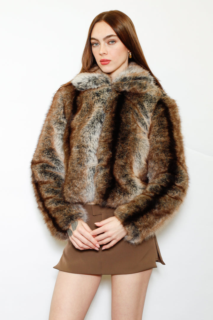 Wool-Blend Dark Brown Faux Fur Jacket
