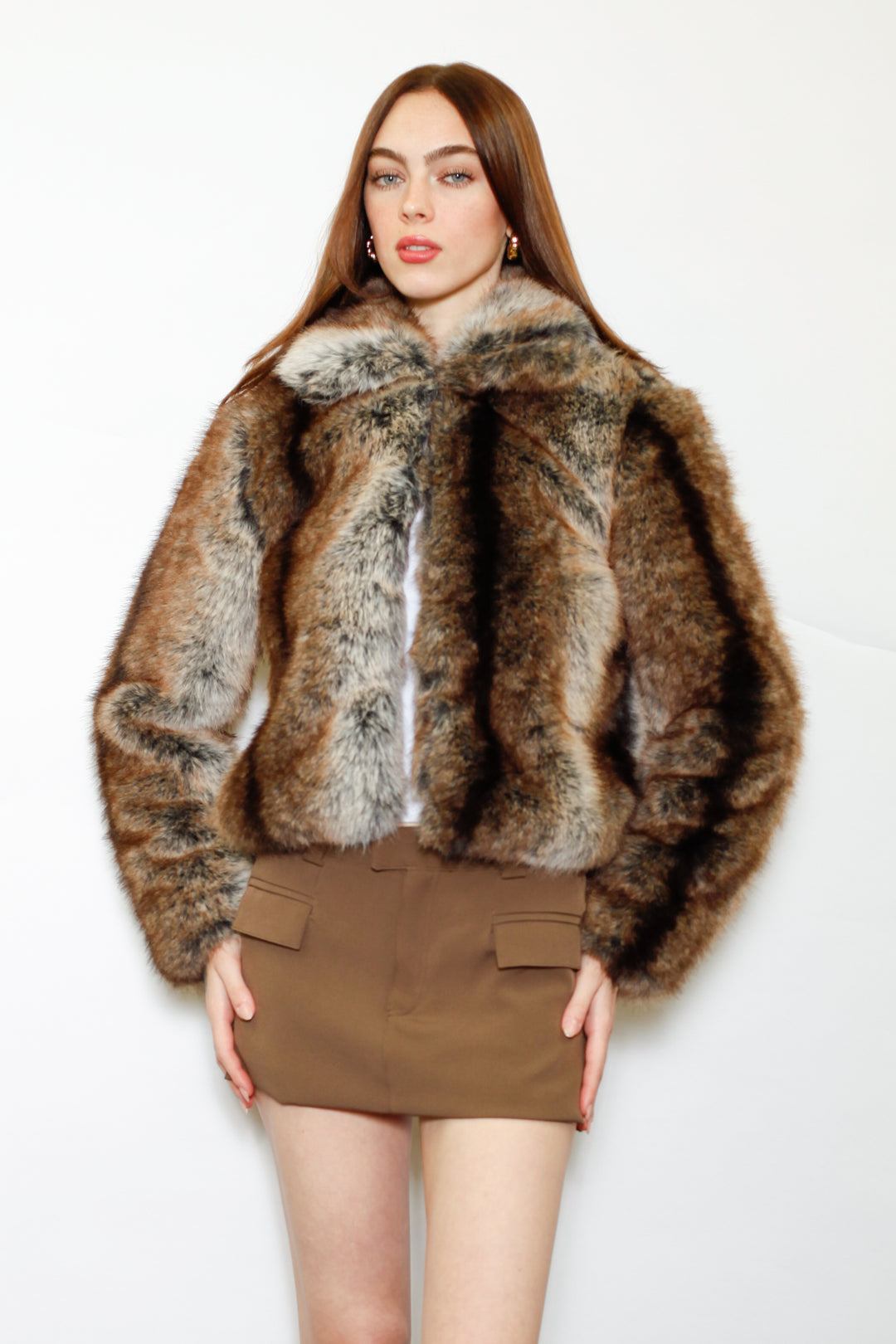 Wool-Blend Dark Brown Faux Fur Jacket