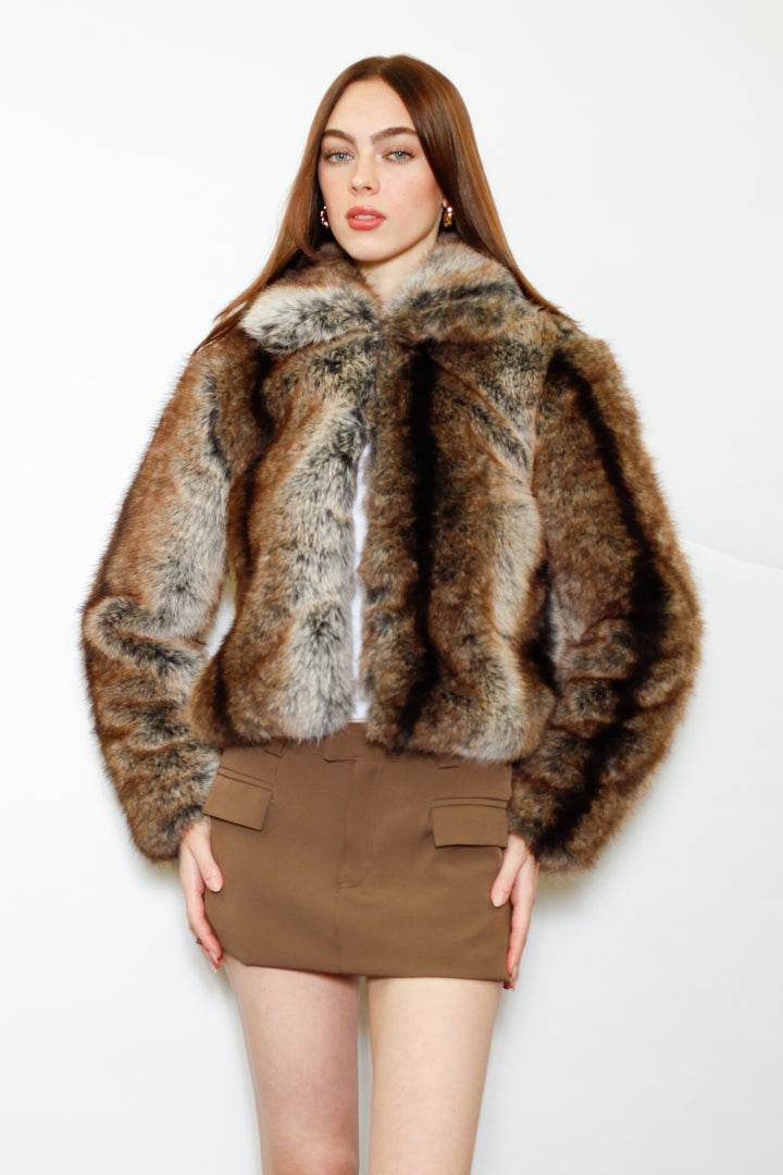Wool-Blend Dark Brown Faux Fur Jacket