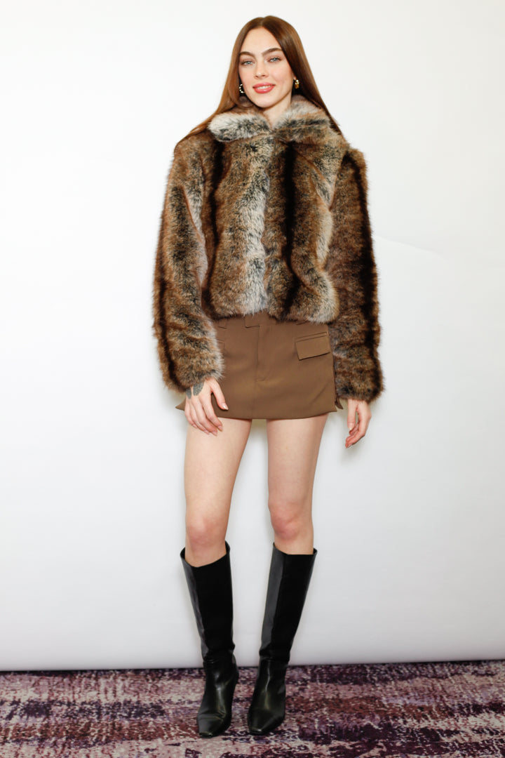 Wool-Blend Dark Brown Faux Fur Jacket