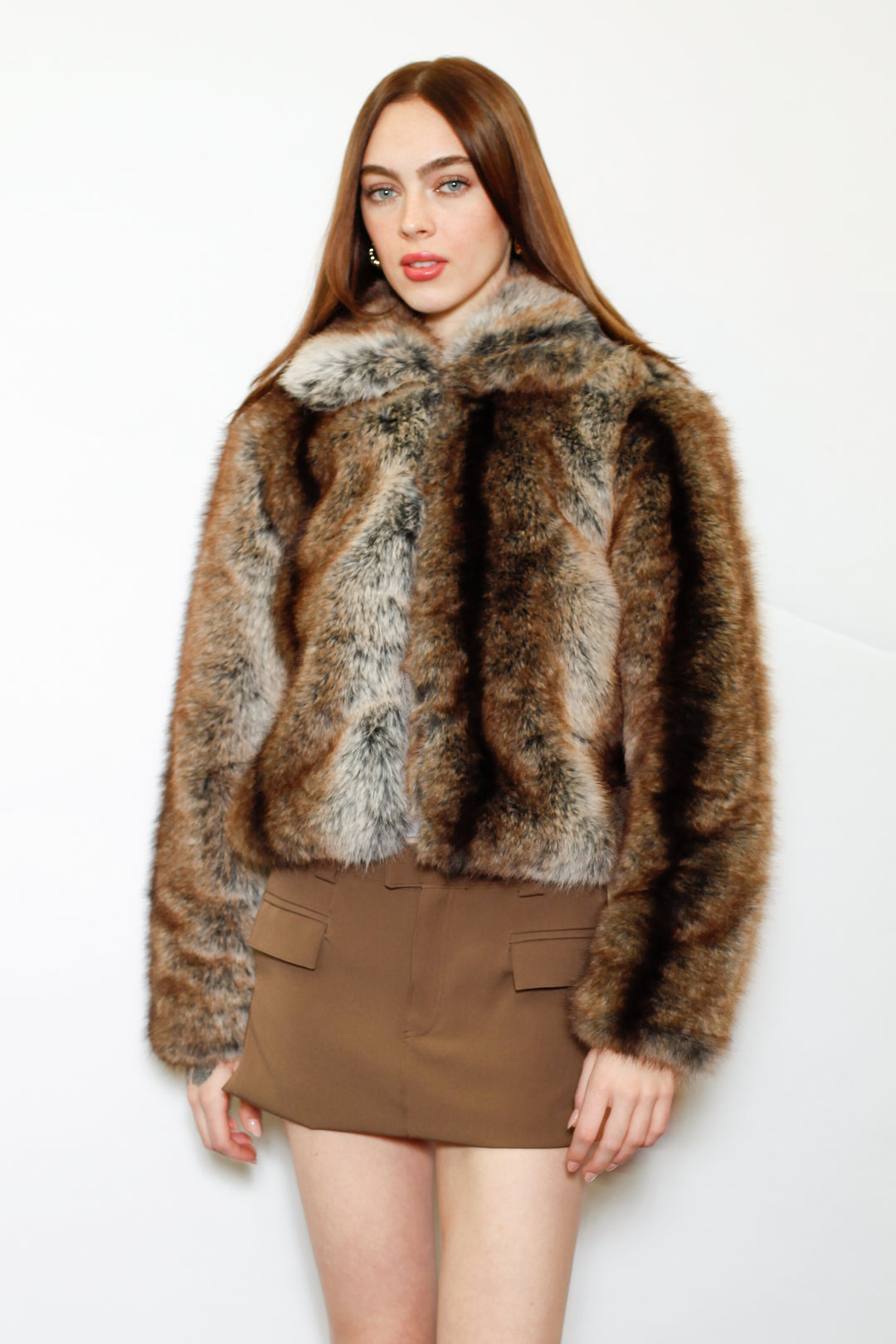 Wool-Blend Dark Brown Faux Fur Jacket