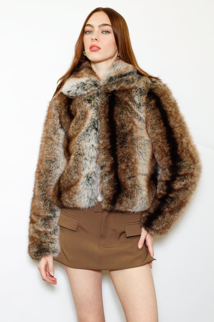 Wool-Blend Dark Brown Faux Fur Jacket