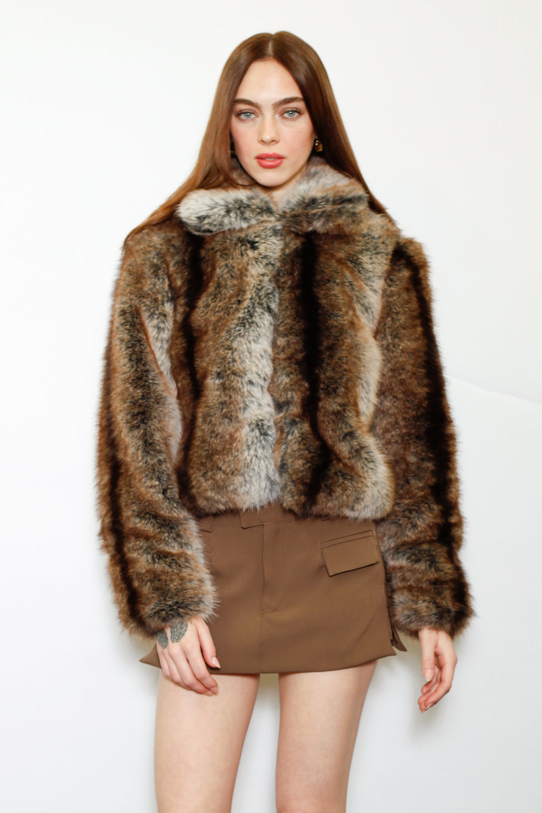 Wool-Blend Dark Brown Faux Fur Jacket