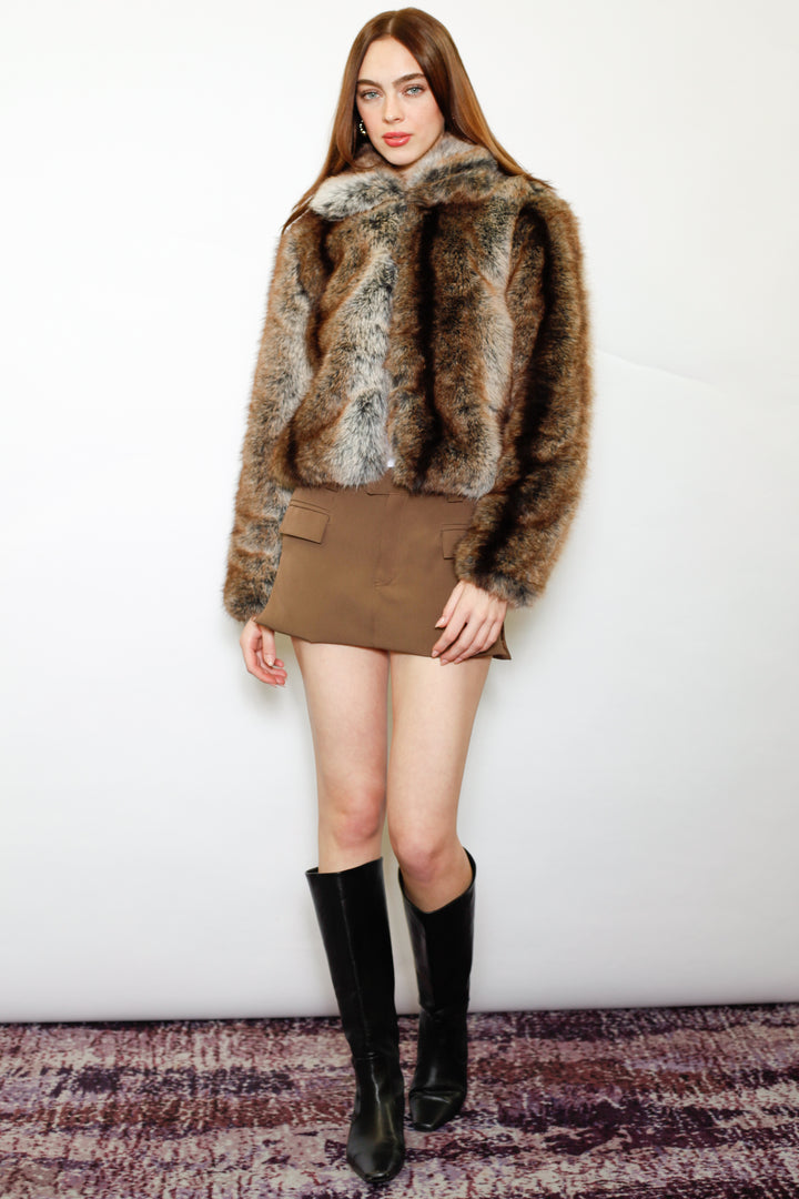 Wool-Blend Dark Brown Faux Fur Jacket
