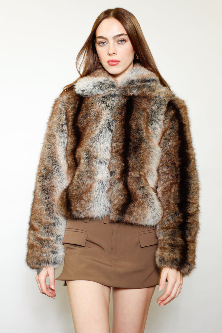 Wool-Blend Dark Brown Faux Fur Jacket
