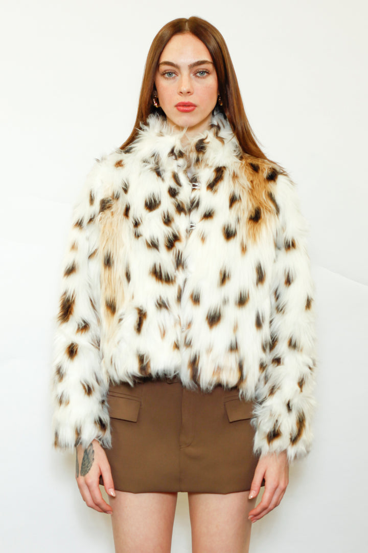 Wool-Blend Spotted Faux Fur Jacket