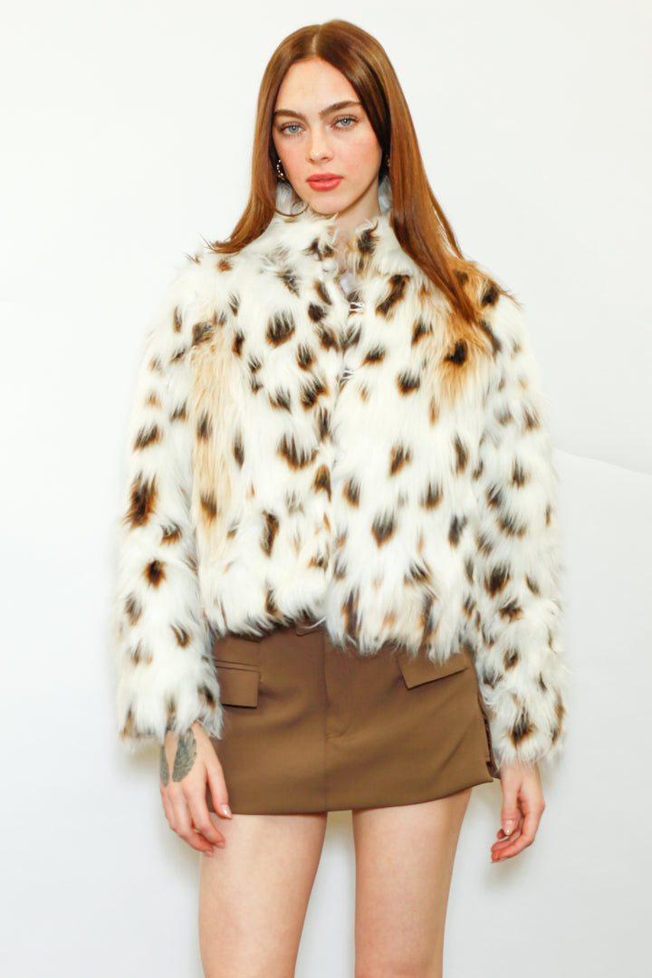 Wool-Blend Spotted Faux Fur Jacket