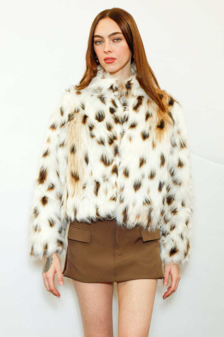 Wool-Blend Spotted Faux Fur Jacket