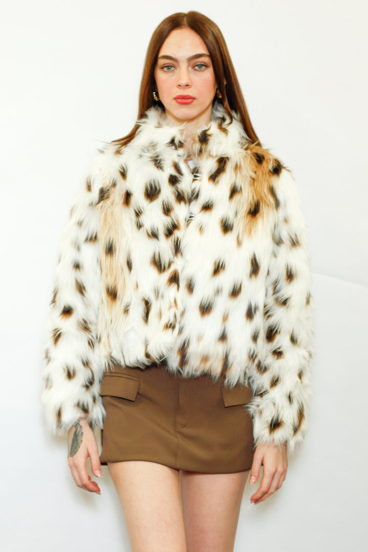 Wool-Blend Spotted Faux Fur Jacket