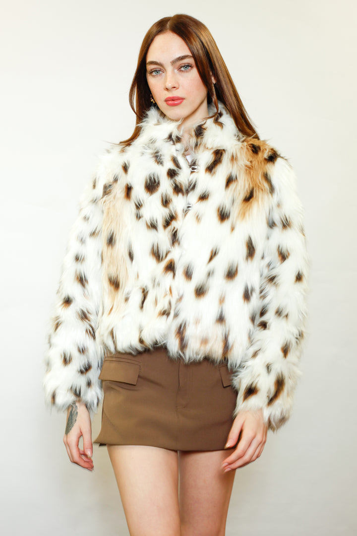 Wool-Blend Spotted Faux Fur Jacket