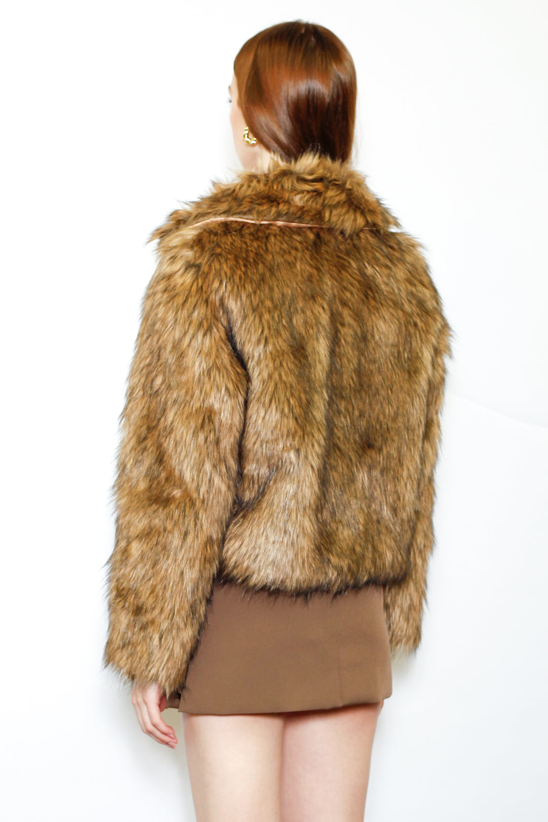 Wool-Blend Black Brown Faux Fur Jacket