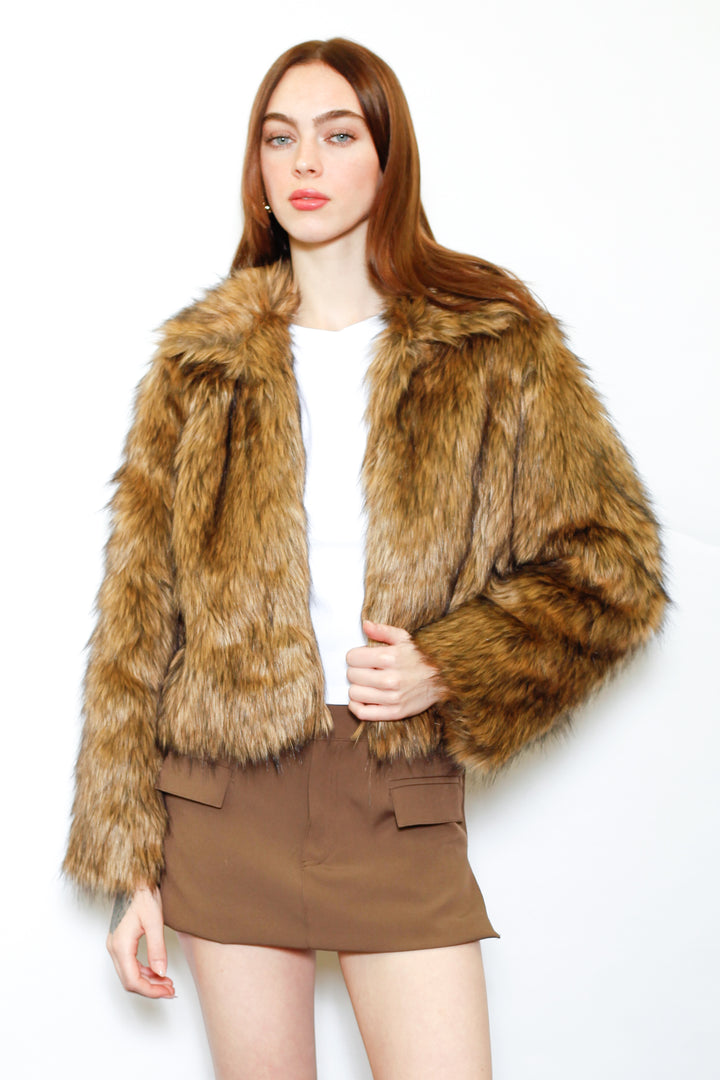 Wool-Blend Black Brown Faux Fur Jacket