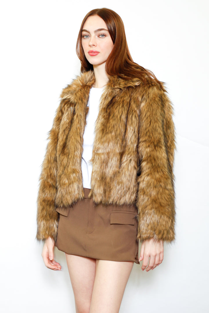 Wool-Blend Black Brown Faux Fur Jacket