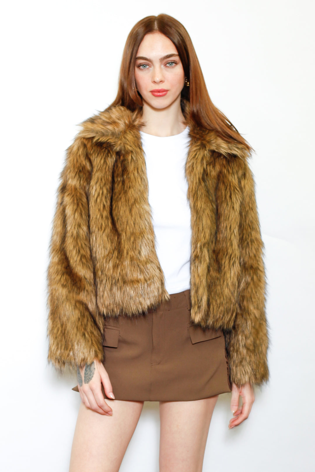 Wool-Blend Black Brown Faux Fur Jacket