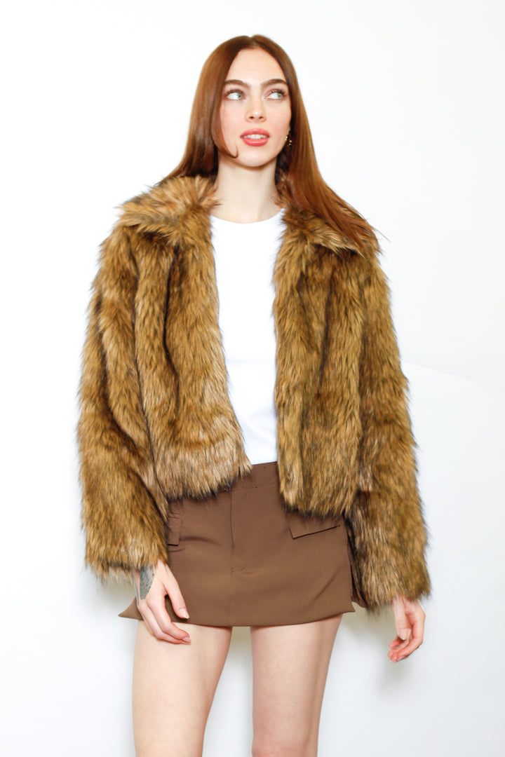 Wool-Blend Black Brown Faux Fur Jacket