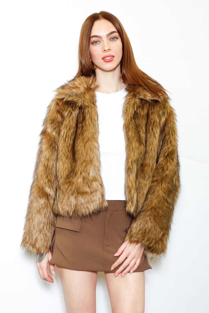 Wool-Blend Black Brown Faux Fur Jacket