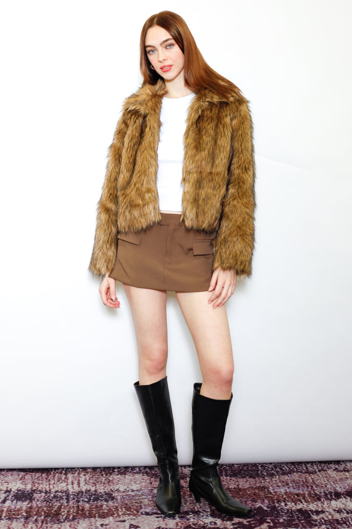 Wool-Blend Black Brown Faux Fur Jacket