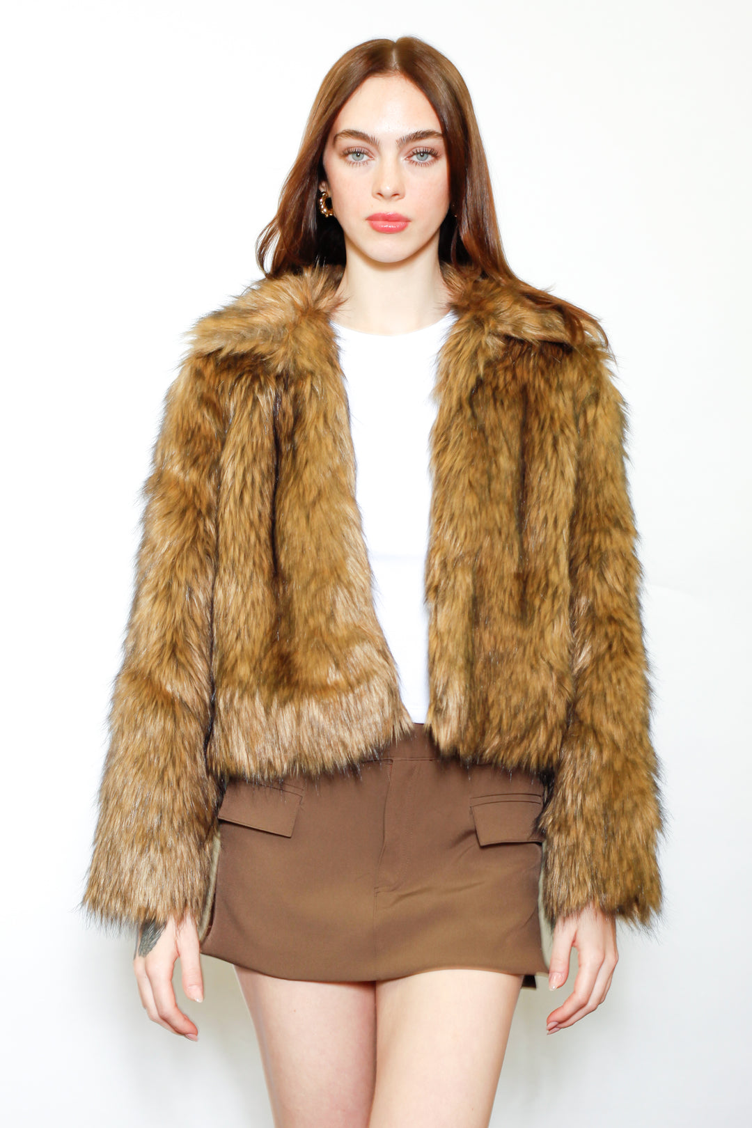 Wool-Blend Black Brown Faux Fur Jacket