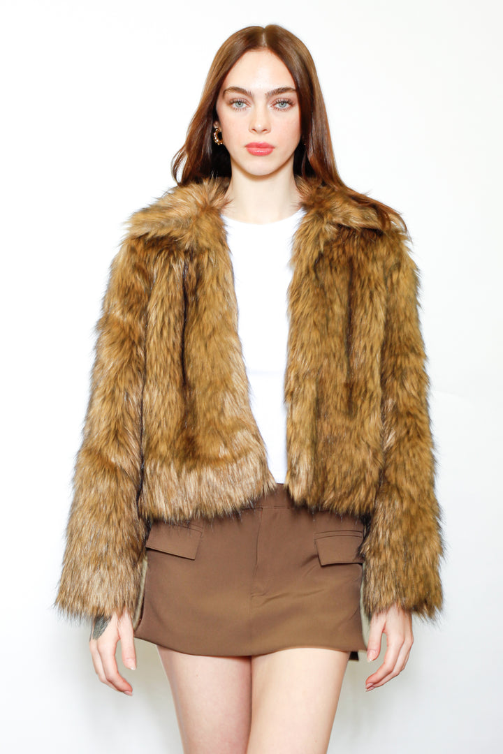 Wool-Blend Black Brown Faux Fur Jacket