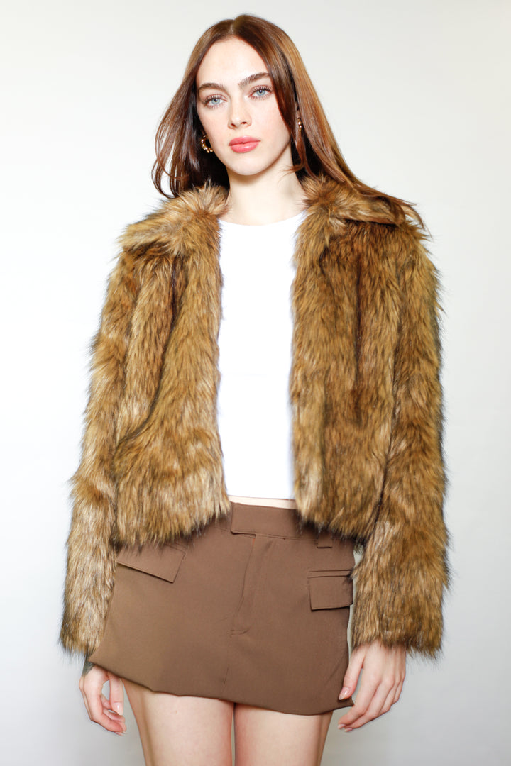 Wool-Blend Black Brown Faux Fur Jacket