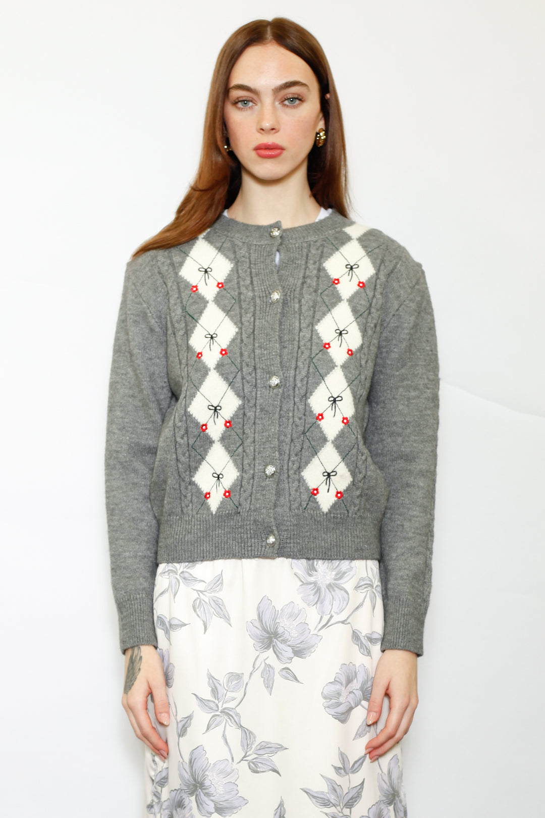 Wool Argyle Bow Cardigan