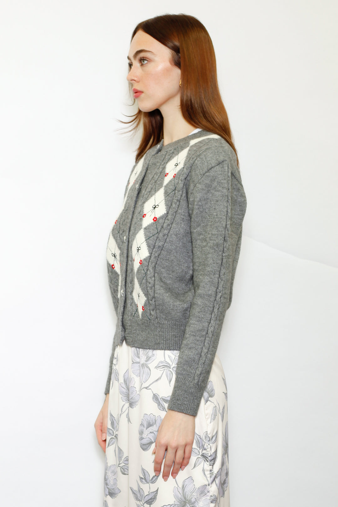 Wool Argyle Bow Cardigan