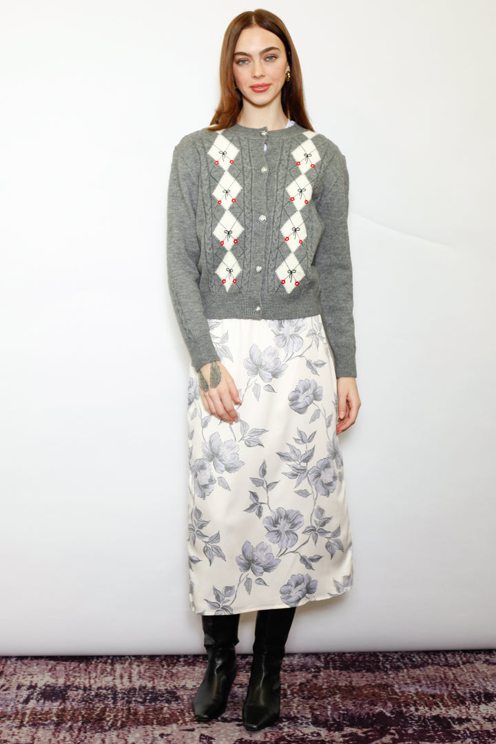 Wool Argyle Bow Cardigan