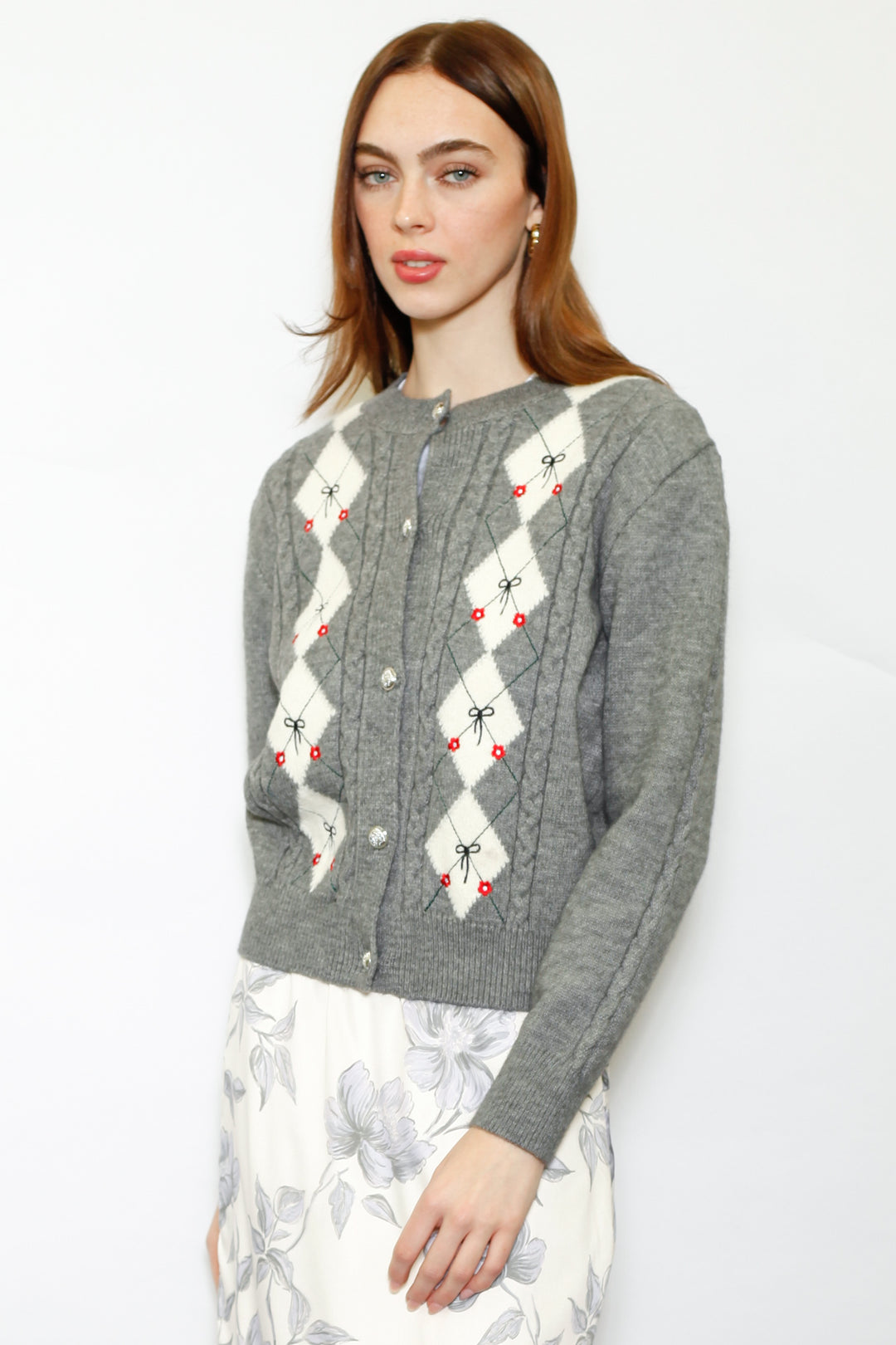 Wool Argyle Bow Cardigan