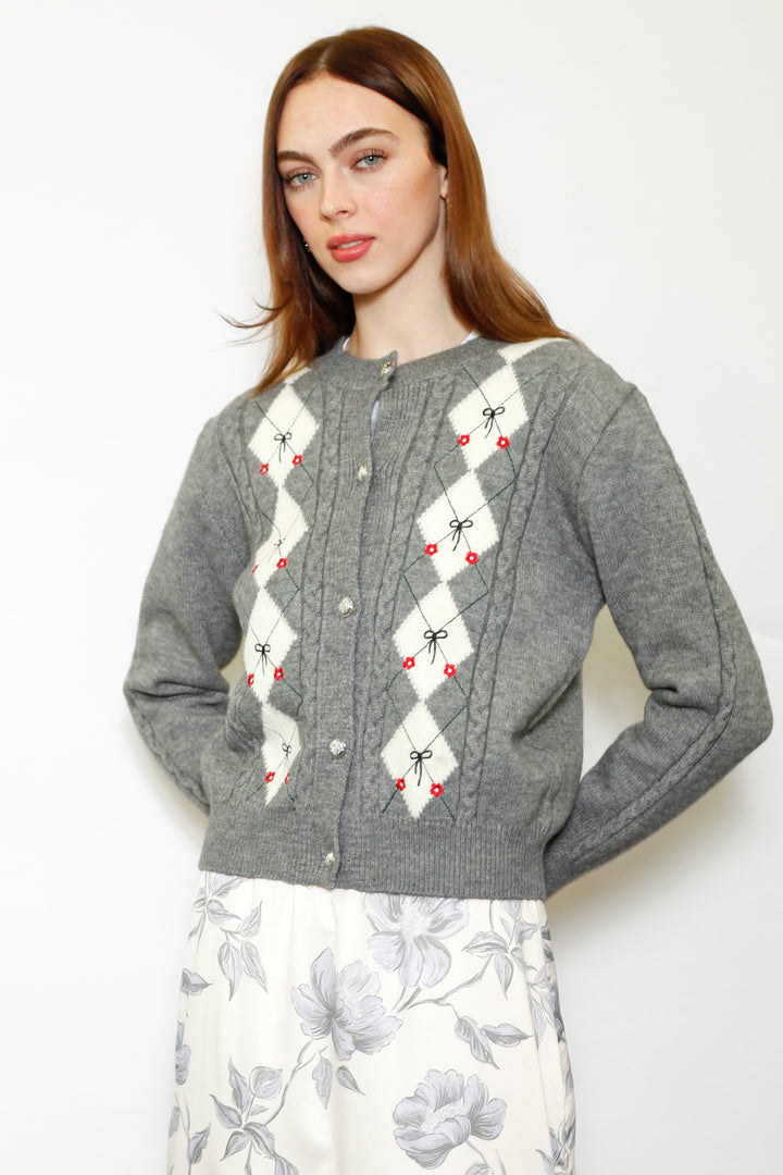 Wool Argyle Bow Cardigan