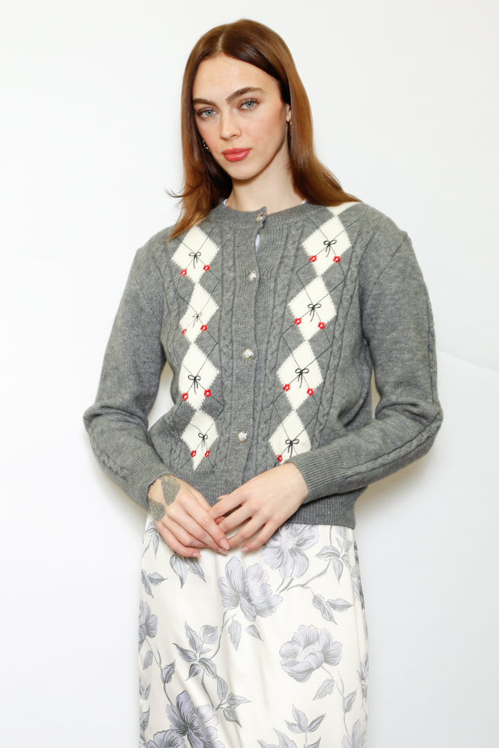 Wool Argyle Bow Cardigan