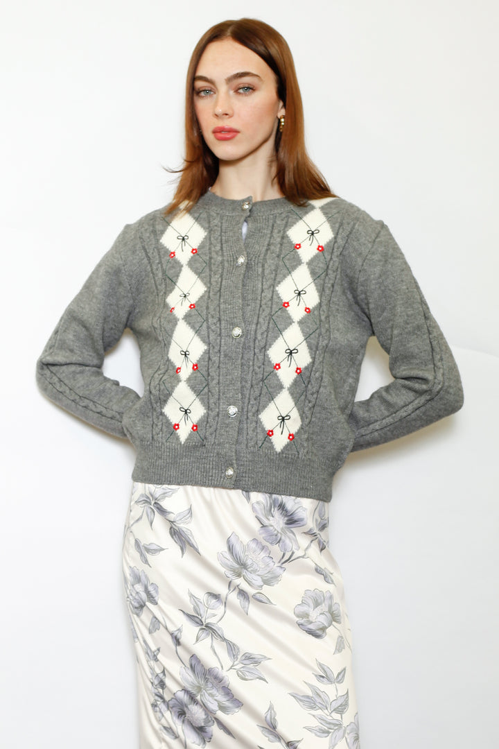 Wool Argyle Bow Cardigan