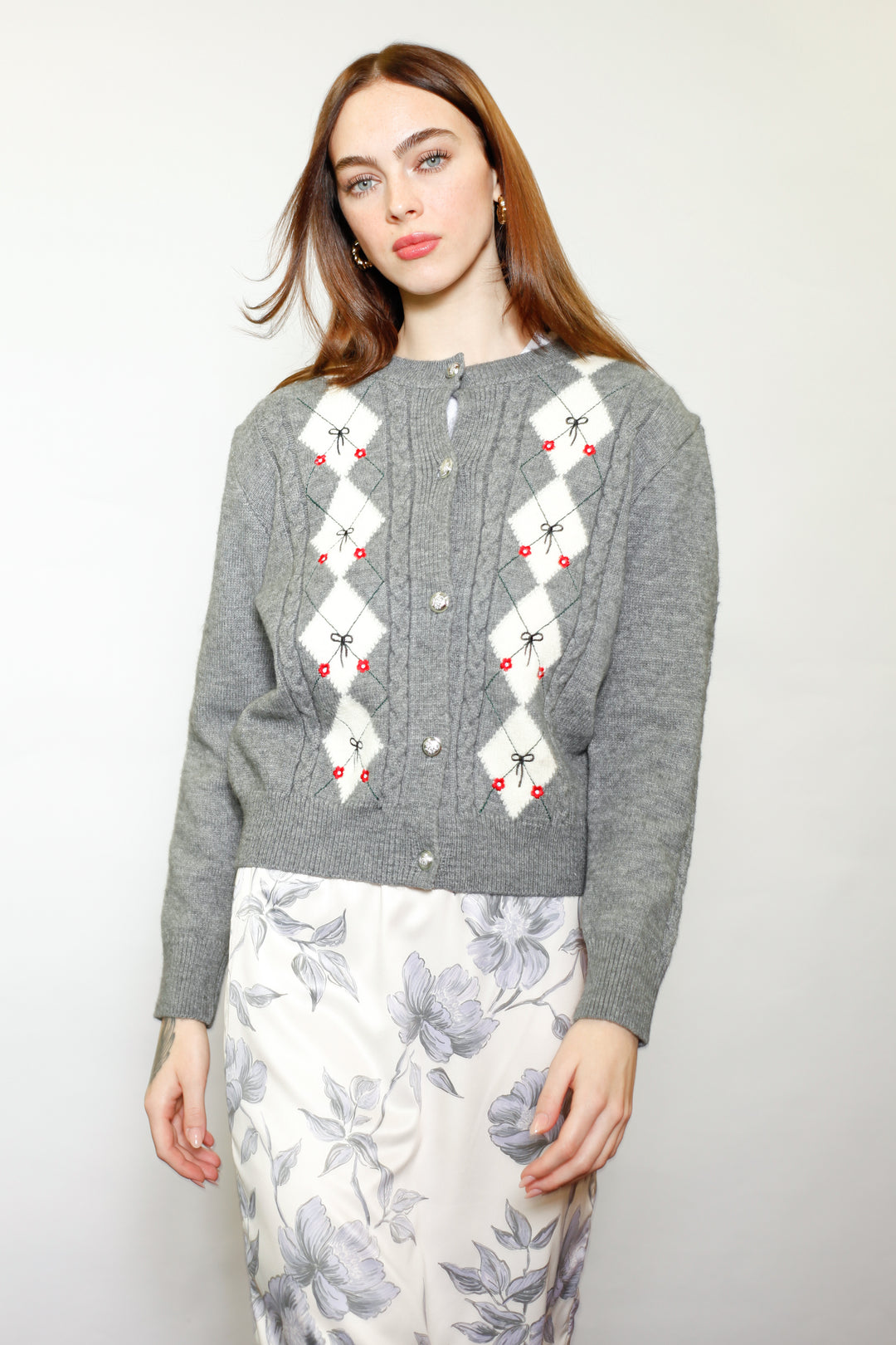 Wool Argyle Bow Cardigan