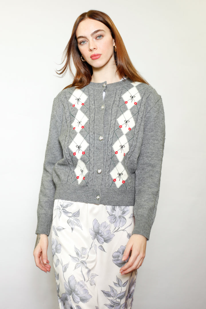 Wool Argyle Bow Cardigan
