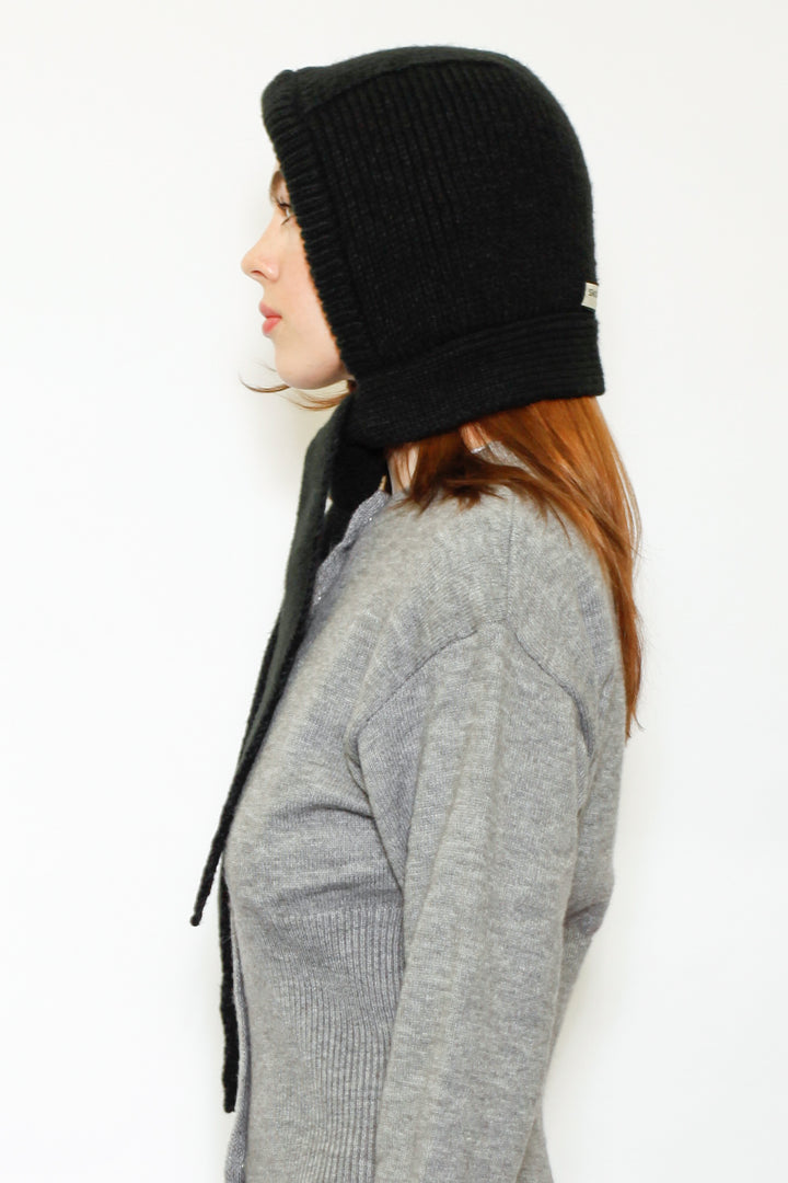Wool Knitted Black Hoodie Hat Balaclava Bonnet
