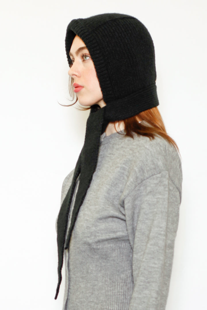 Wool Knitted Black Hoodie Hat Balaclava Bonnet