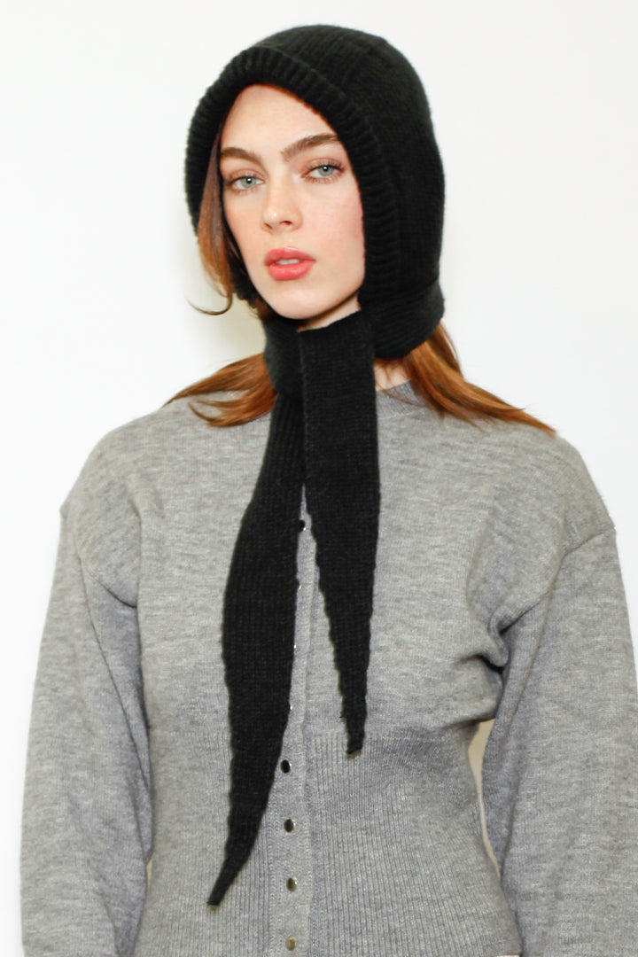Wool Knitted Black Hoodie Hat Balaclava Bonnet