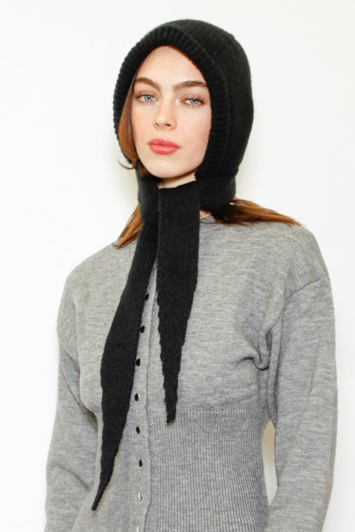 Wool Knitted Black Hoodie Hat Balaclava Bonnet