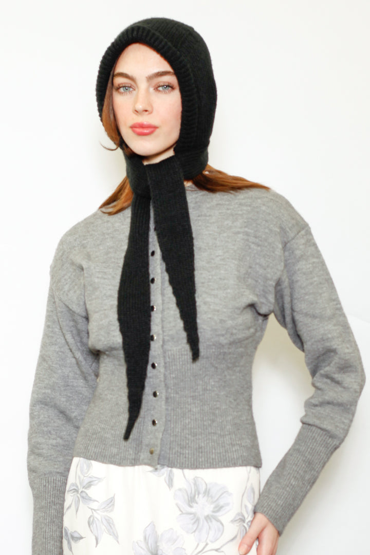 Wool Knitted Black Hoodie Hat Balaclava Bonnet