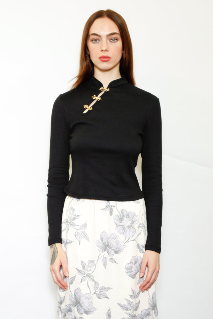 Cotton Black Qipao Ribbed Sweater with Gold Knot