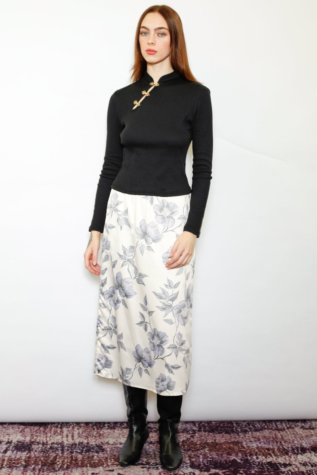 Cotton Black Qipao Ribbed Sweater with Gold Knot