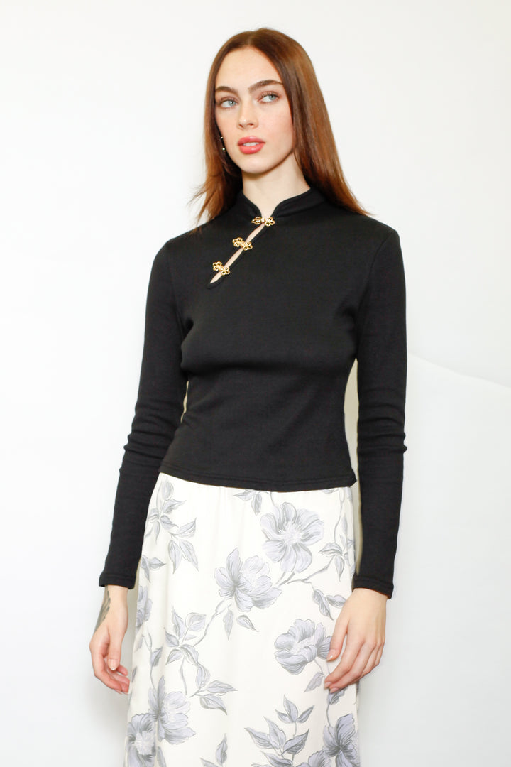 Cotton Black Qipao Ribbed Sweater with Gold Knot