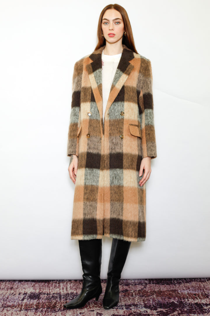 Heavy Wool Camel Brown Plaid Coat