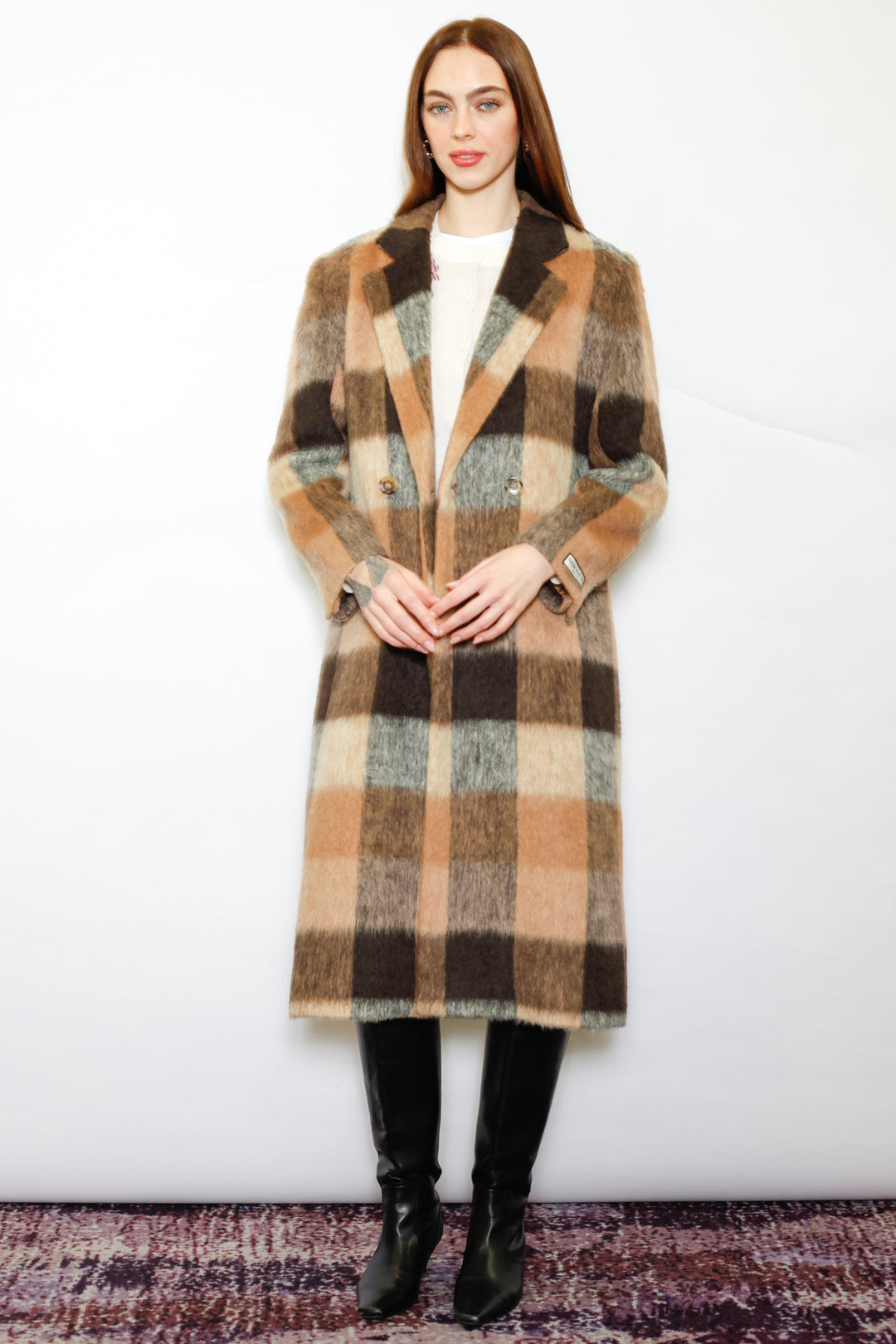 Heavy Wool Camel Brown Plaid Coat