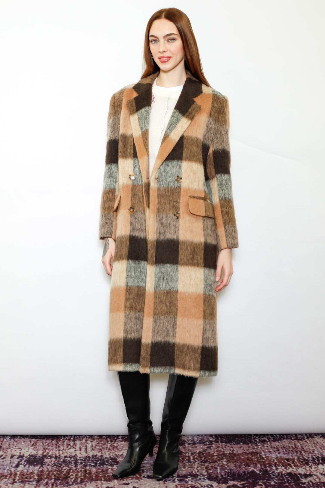 Heavy Wool Camel Brown Plaid Coat