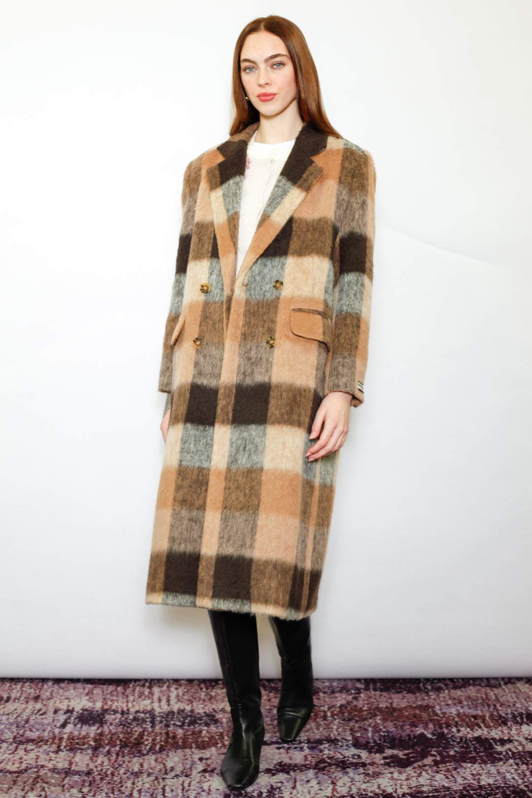 Heavy Wool Camel Brown Plaid Coat