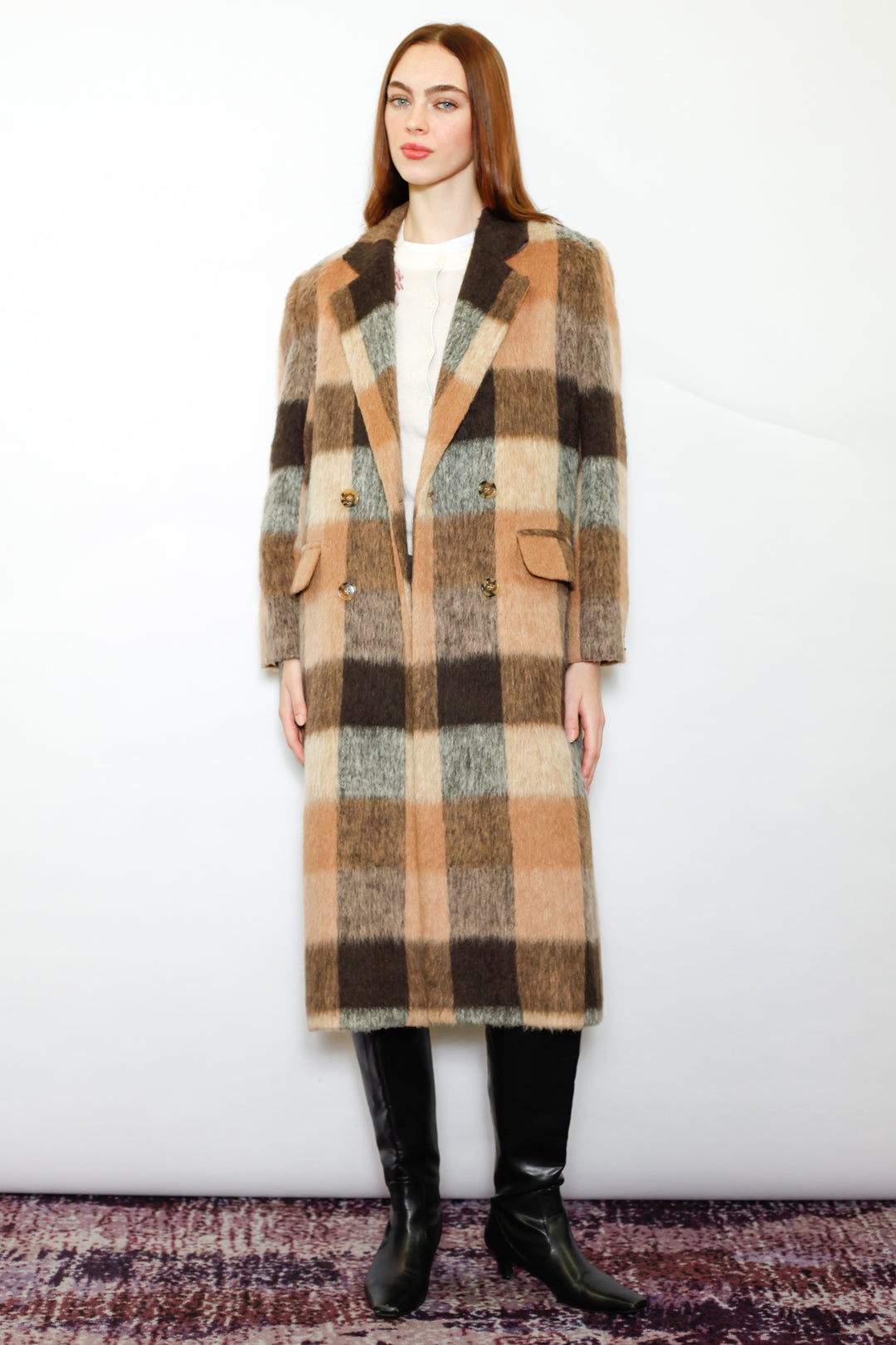 Heavy Wool Camel Brown Plaid Coat